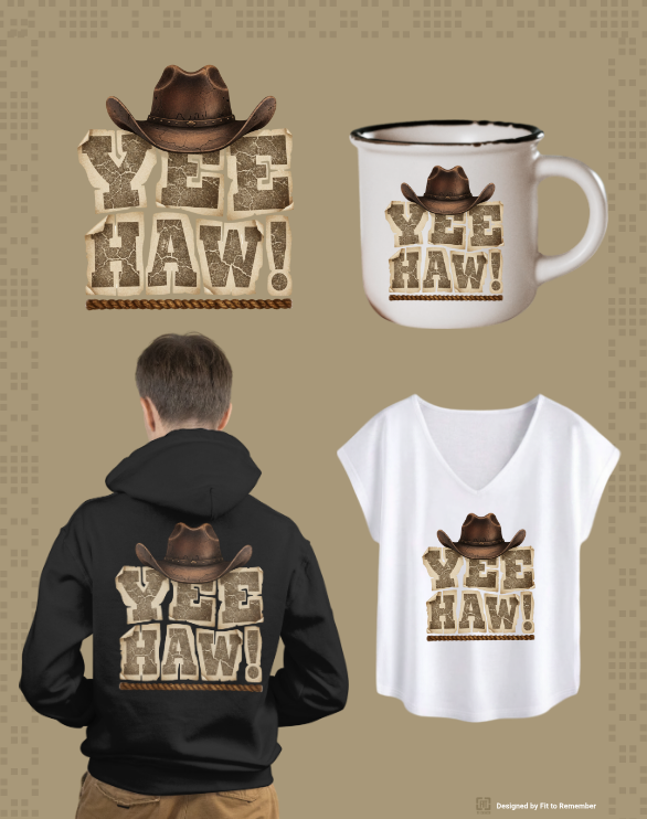 Yee Haw! Western Rustic Lettering with Brown Cowboy Hat– Digital PNG Download | T-Shirt, Mug, Sweater