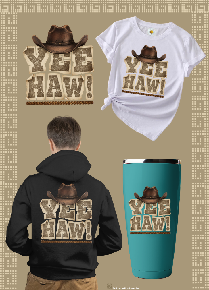 Yee Haw! Western Rustic Lettering with Brown Cowboy Hat– Digital PNG Download | T-Shirt, Mug, Sweater
