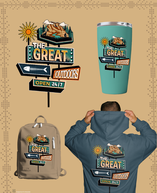 The Great Outdoors – Open 24/7 – Retro Adventure Graphic – Digital PNG Download | Hoodies, Shirts, Crafts – Digital PNG Download | Hoodies, Shirts, Crafts