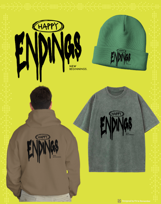 Happy Endings, New Beginnings – Drip Typography Streetwear Graphic– Digital PNG Download | Trucker Hat, Hoodie, Beanie