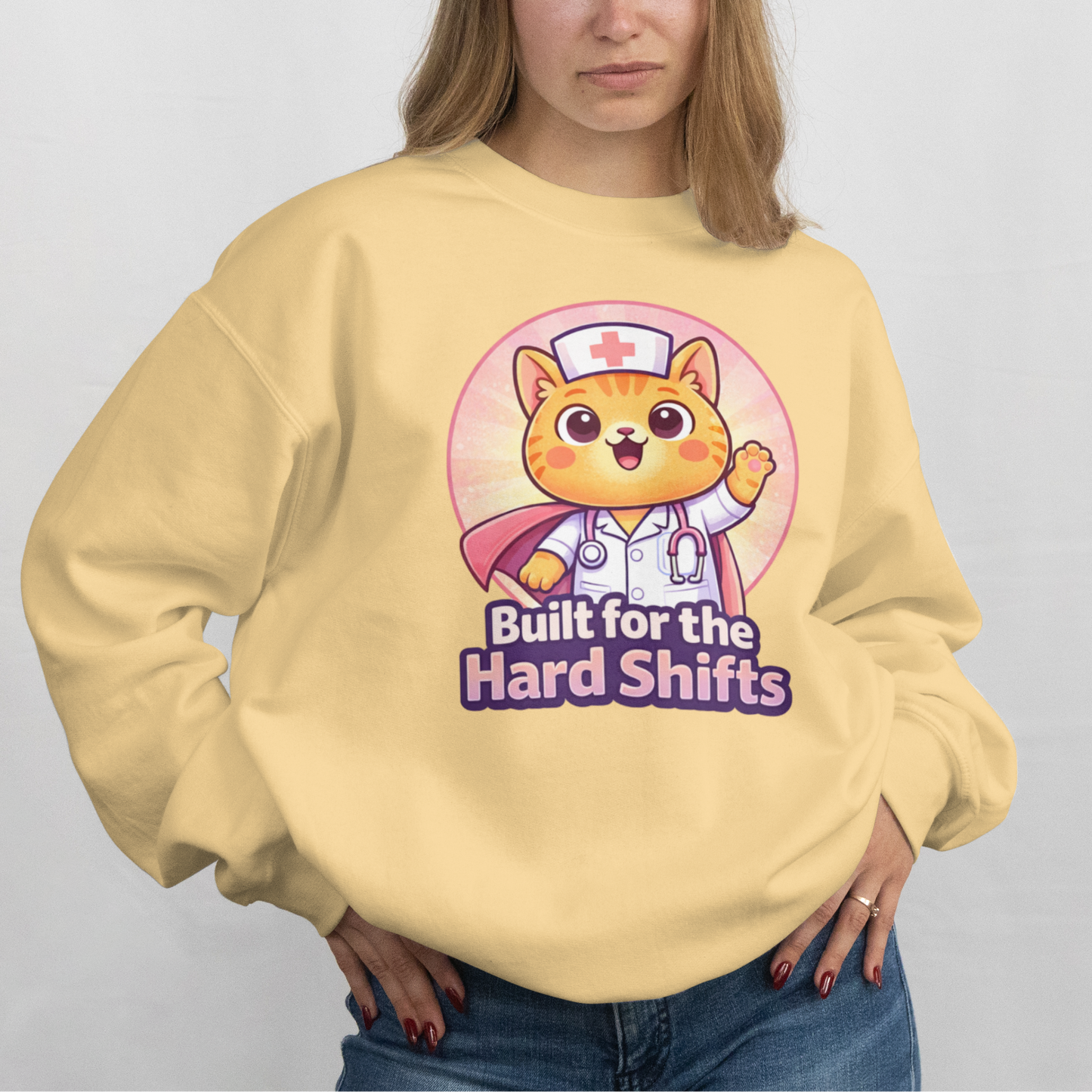 Built for the Hard Shifts Nurse Cat – Cute Healthcare Hero Design – Digital PNG Download | For Sweaters, Hoodies, T-Shirts