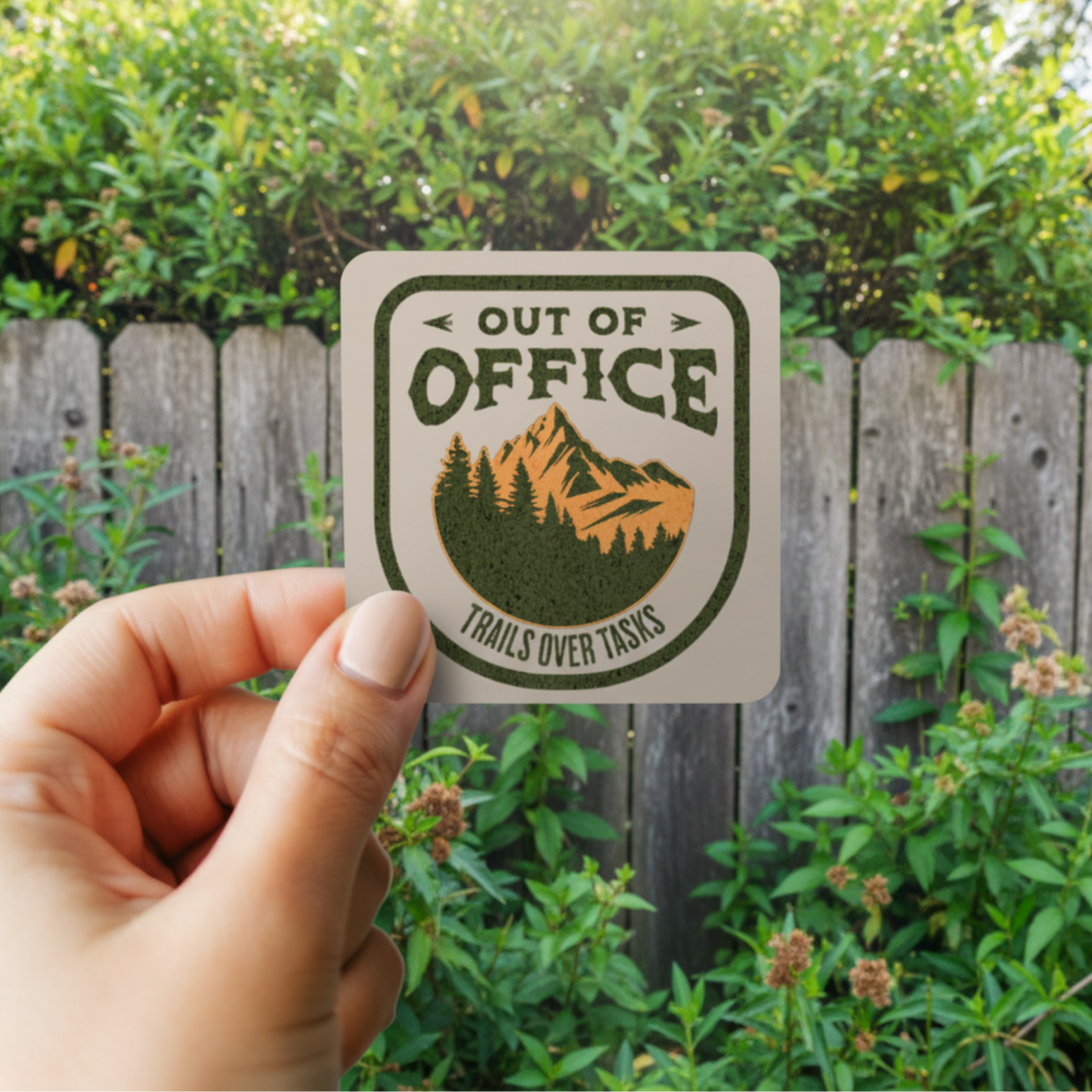 Out of Office "Trails Over Tasks" Outdoor Adventure Patch PNG Design