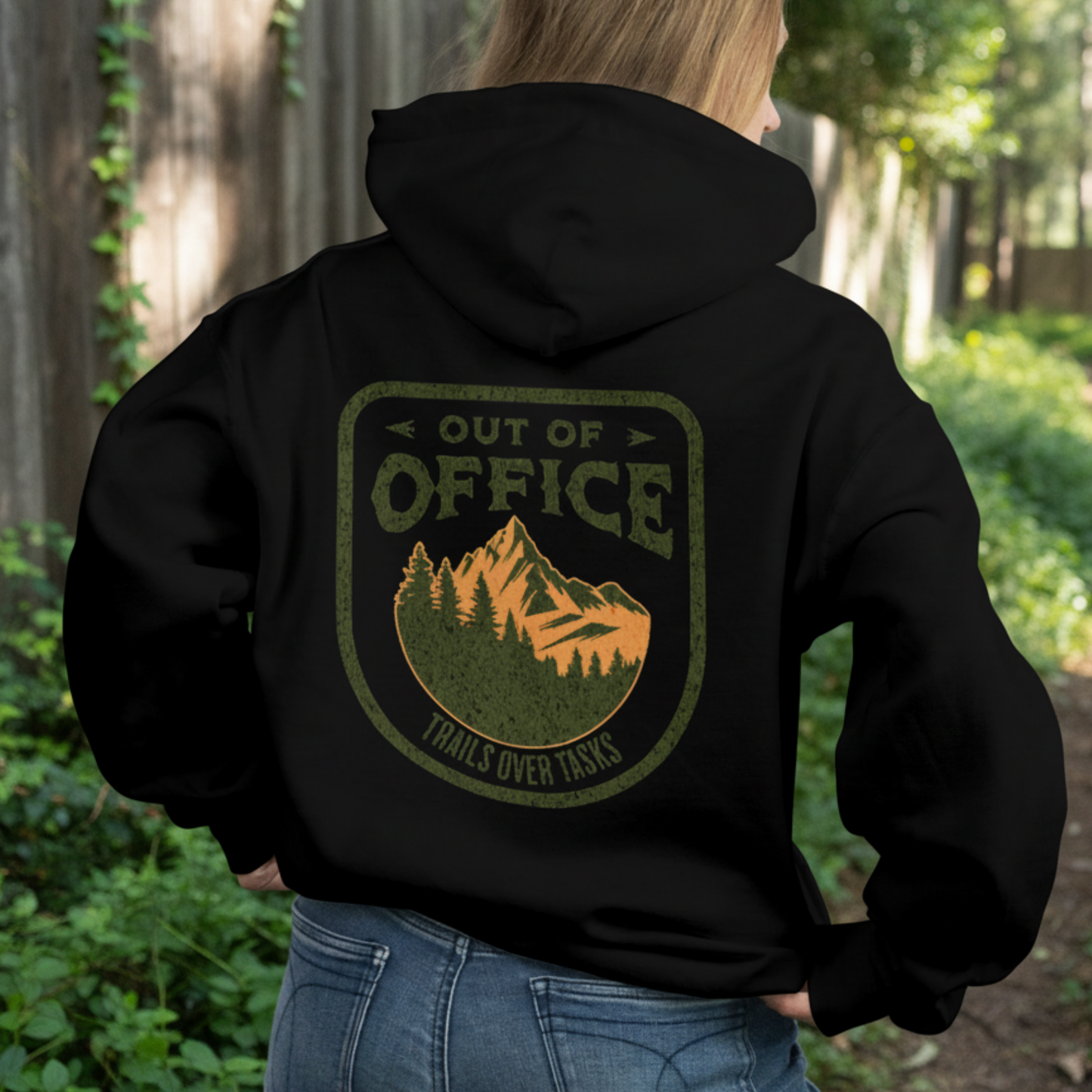 Out of Office "Trails Over Tasks" Outdoor Adventure Patch PNG Design