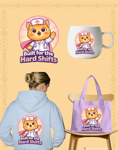 Built for the Hard Shifts Nurse Cat – Cute Healthcare Hero Design – Digital PNG Download | For Sweaters, Hoodies, T-Shirts