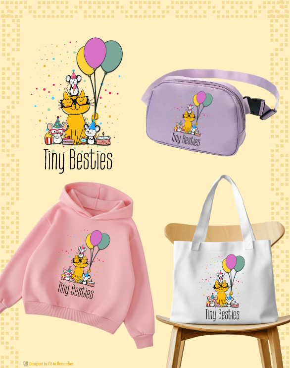 Tiny Besties Party Crew | Cat & Mice with Balloons– Digital PNG Download | Tees, Hoodies, Tote Bags
