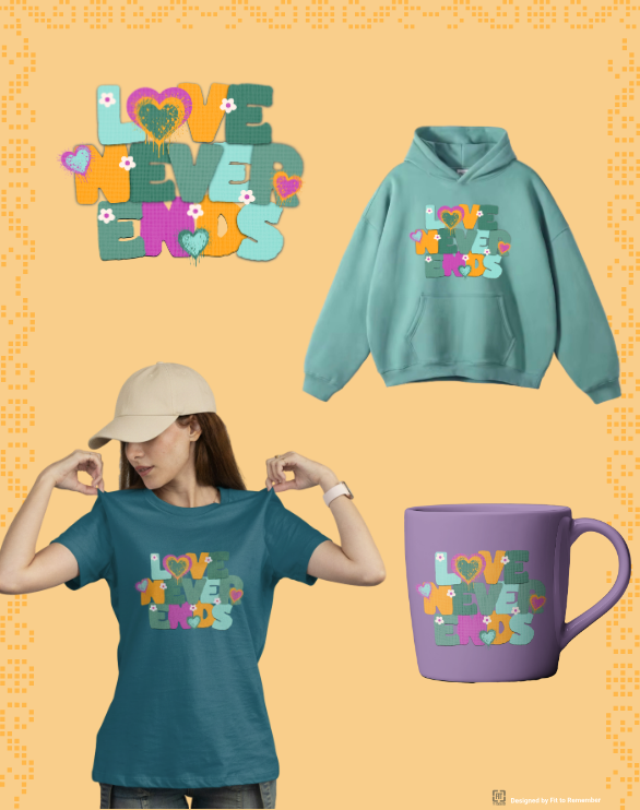 Love Never Ends – Playful Happy Typography – Digital PNG Download | Hoodies, Waist Bags, Stickers