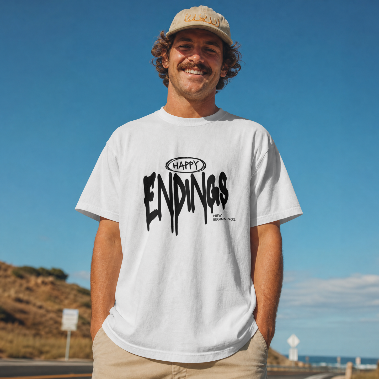 Happy Endings, New Beginnings – Drip Typography Streetwear Graphic– Digital PNG Download | Trucker Hat, Hoodie, Beanie