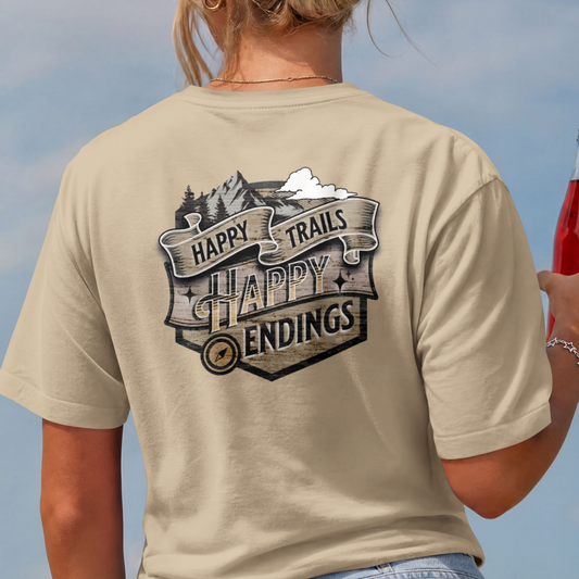 Happy Trails Happy Endings Outdoor Adventure Patch PNG Design