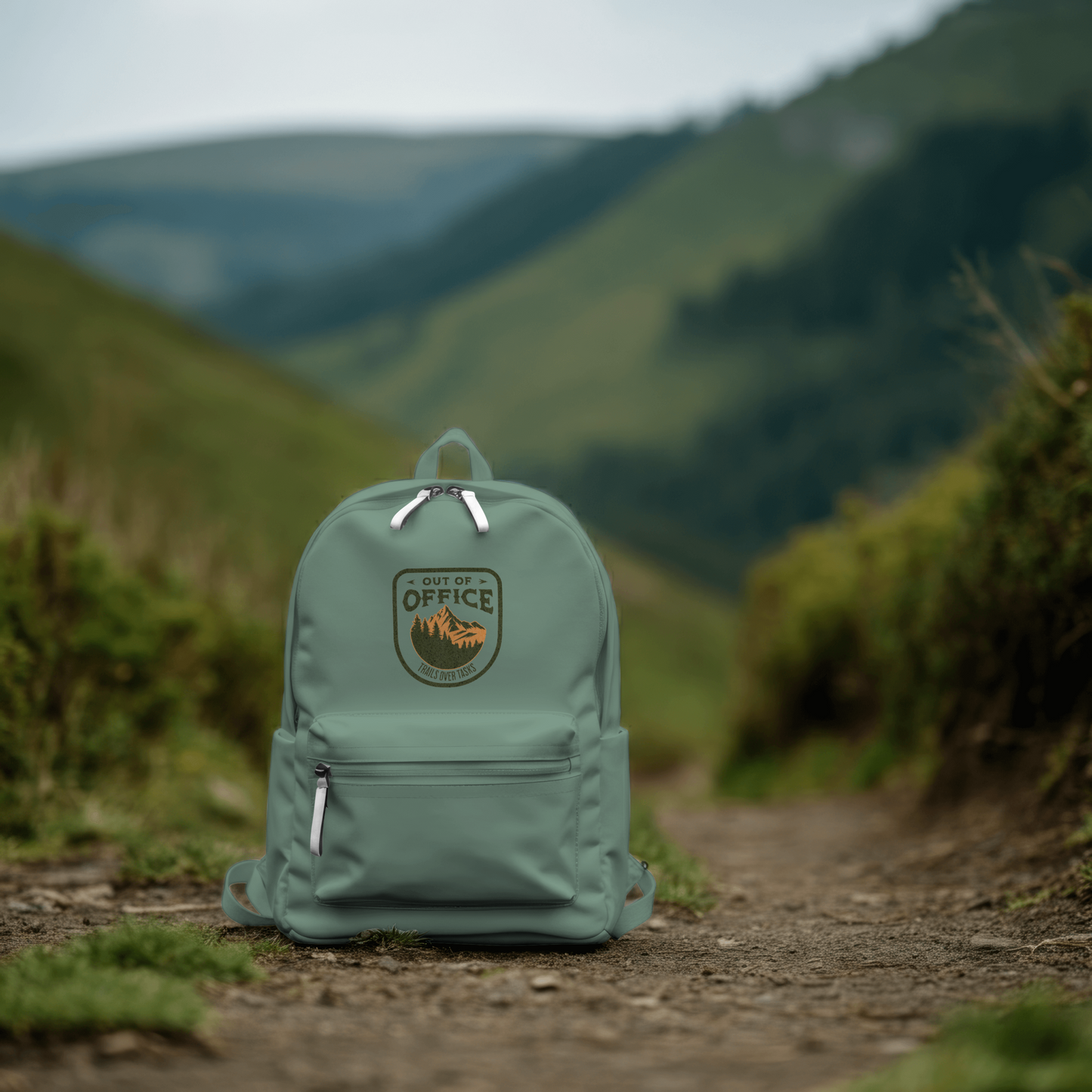 Out of Office "Trails Over Tasks" Outdoor Adventure Patch PNG Design