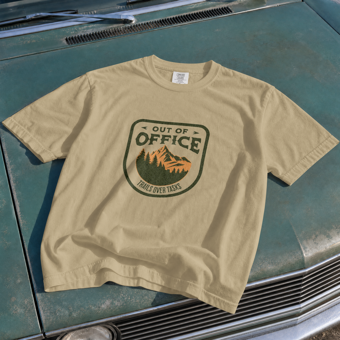 Out of Office "Trails Over Tasks" Outdoor Adventure Patch PNG Design