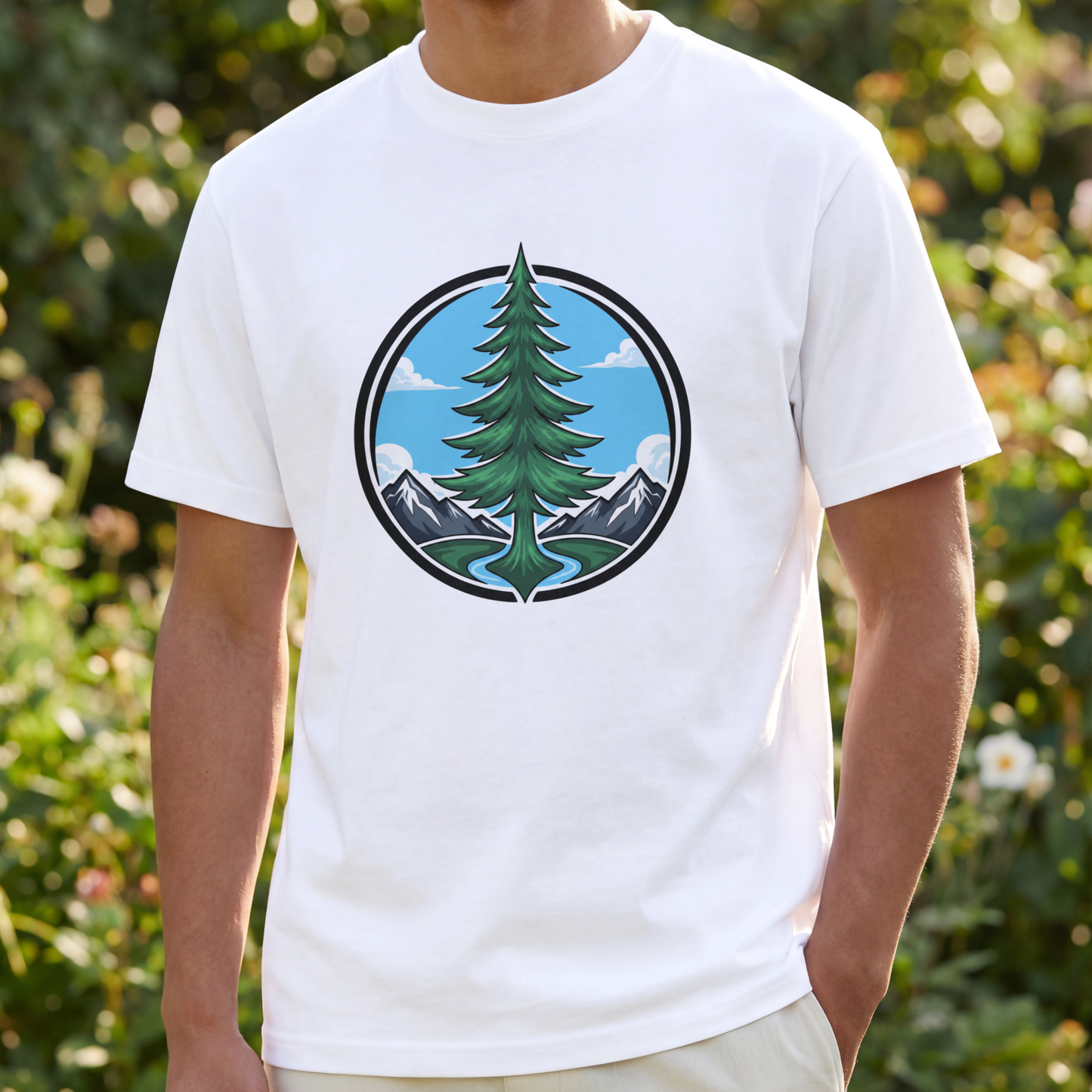 Mountain River Pine Tree Outdoor Patch PNG Design
