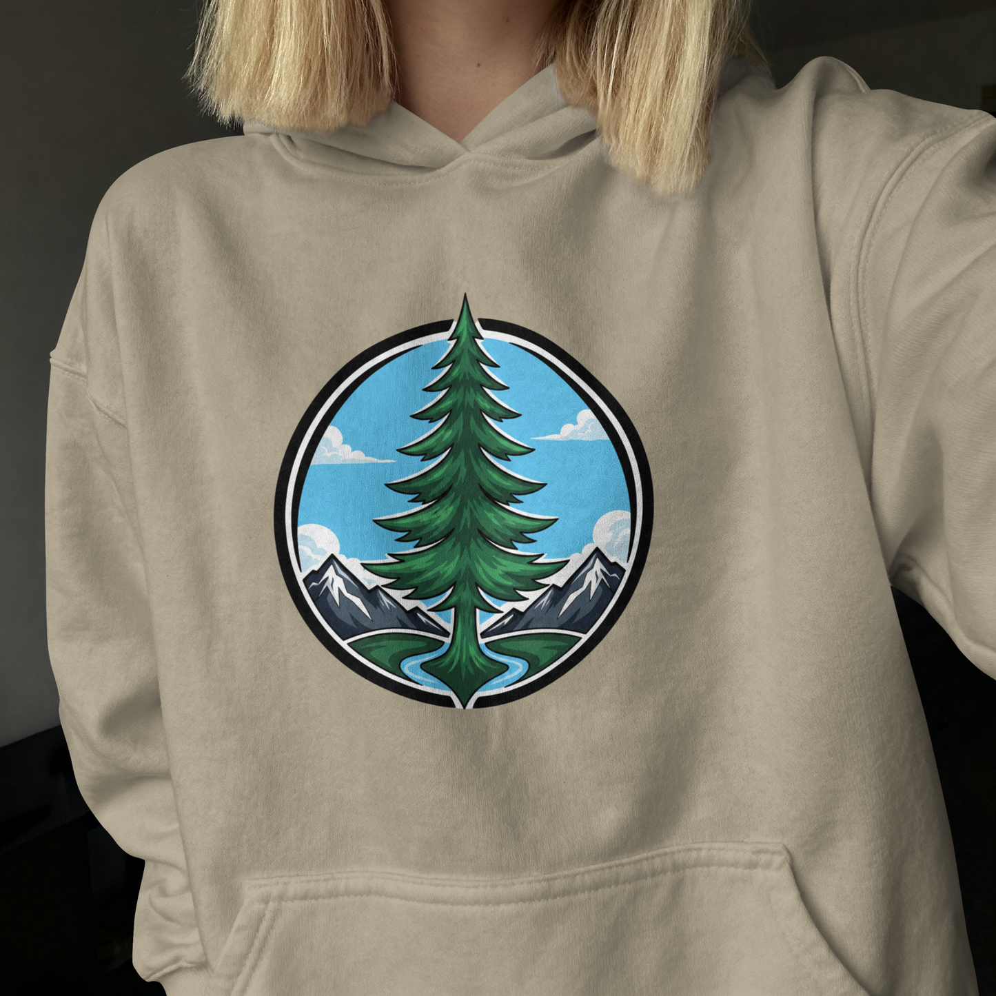 Mountain River Pine Tree Outdoor Patch PNG Design
