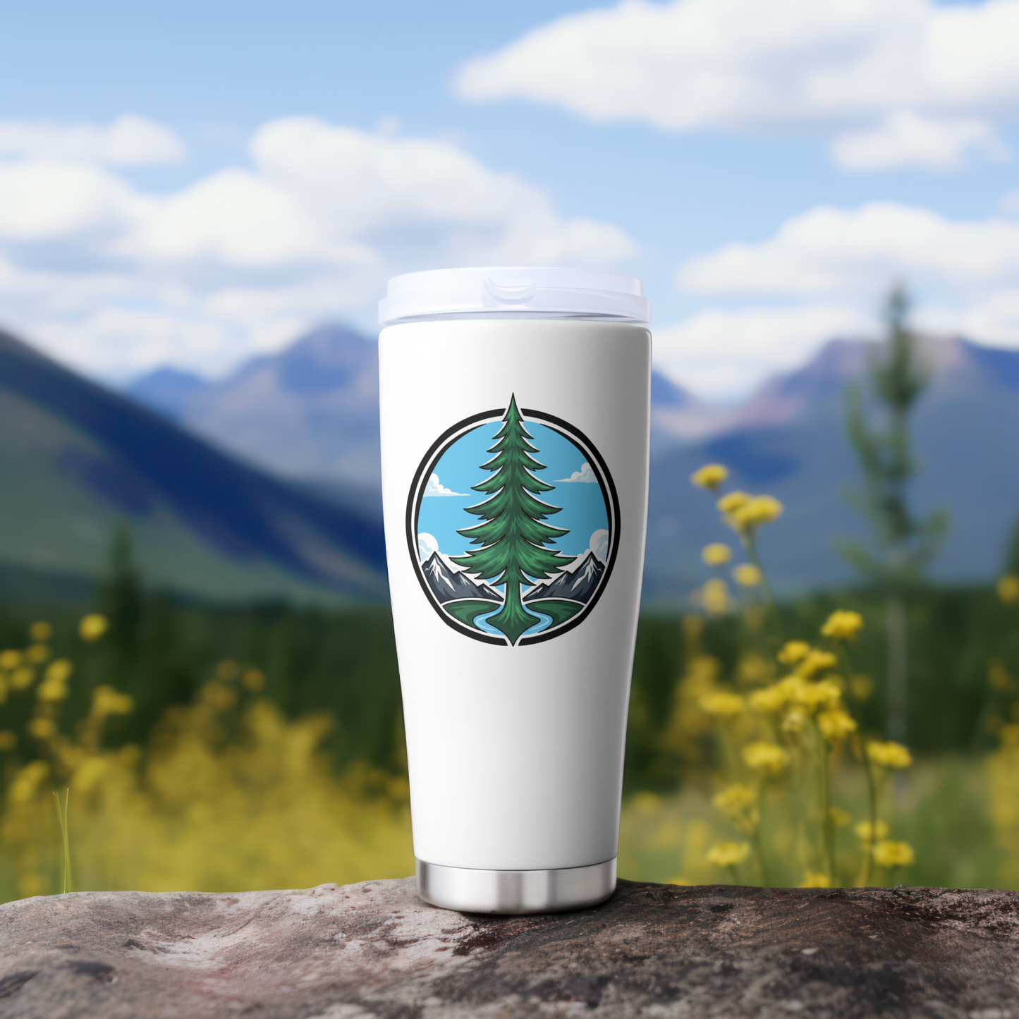 Mountain River Pine Tree Outdoor Patch PNG Design