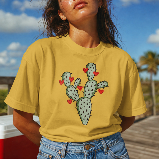 Cute Cactus with Red Hearts Vintage Nature PNG Design