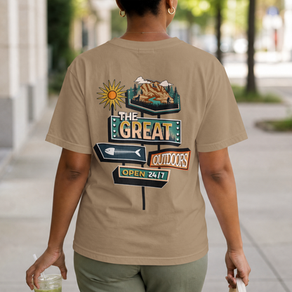 The Great Outdoors – Open 24/7 – Retro Adventure Graphic – Digital PNG Download | Hoodies, Shirts, Crafts – Digital PNG Download | Hoodies, Shirts, Crafts