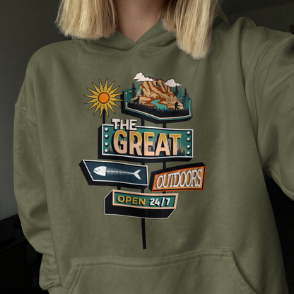 The Great Outdoors – Open 24/7 – Retro Adventure Graphic – Digital PNG Download | Hoodies, Shirts, Crafts – Digital PNG Download | Hoodies, Shirts, Crafts