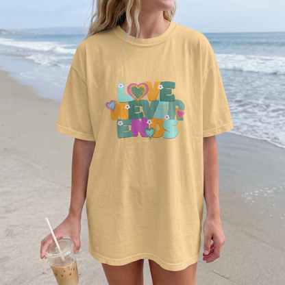 Love Never Ends – Playful Happy Typography – Digital PNG Download | Hoodies, Waist Bags, Stickers